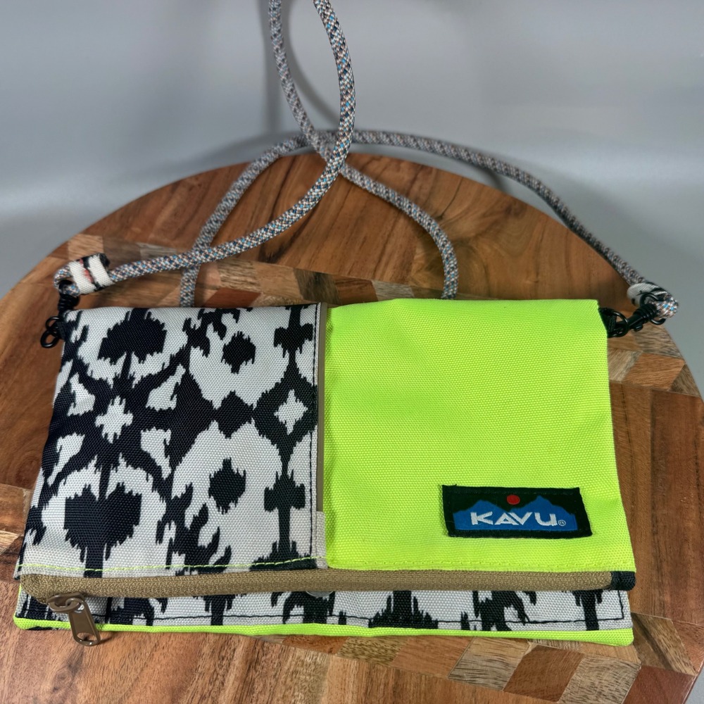KAVU Canvas Zip Wallet Neon Yellow Black Ikat Print Crossbody Clutch
